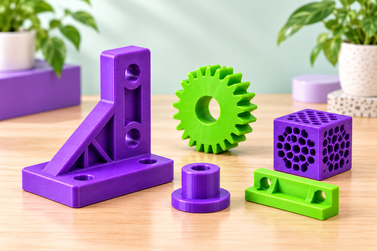 3D printed purple bracket, lime gear and other custom printed parts