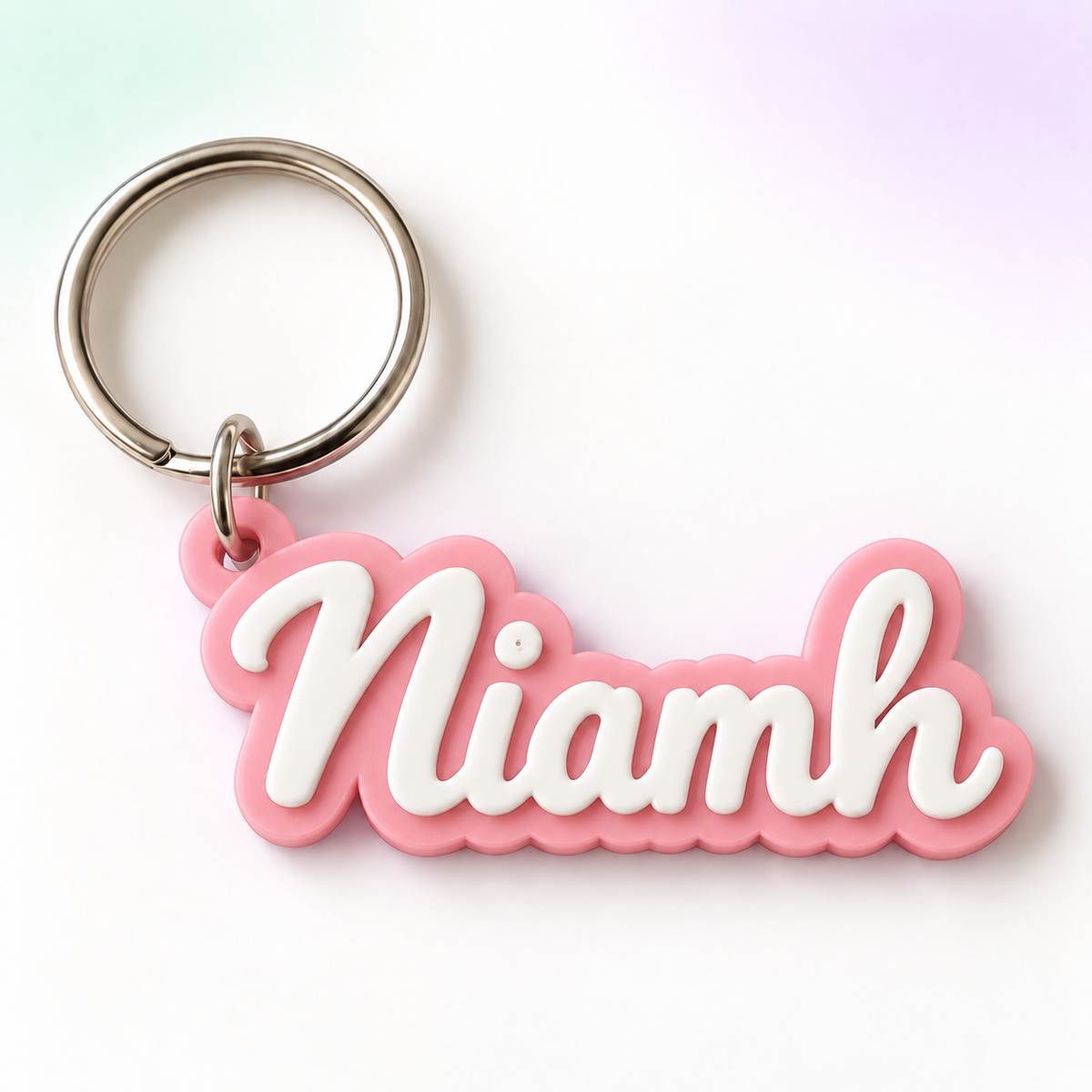 Personalised Script Name Keyring in Blush Pink + White