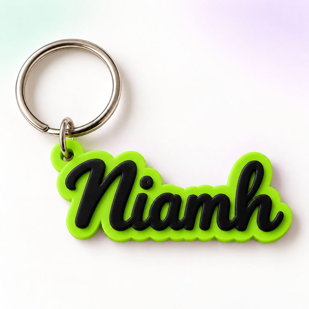 Personalised Script Name Keyring in Lime Green + Black