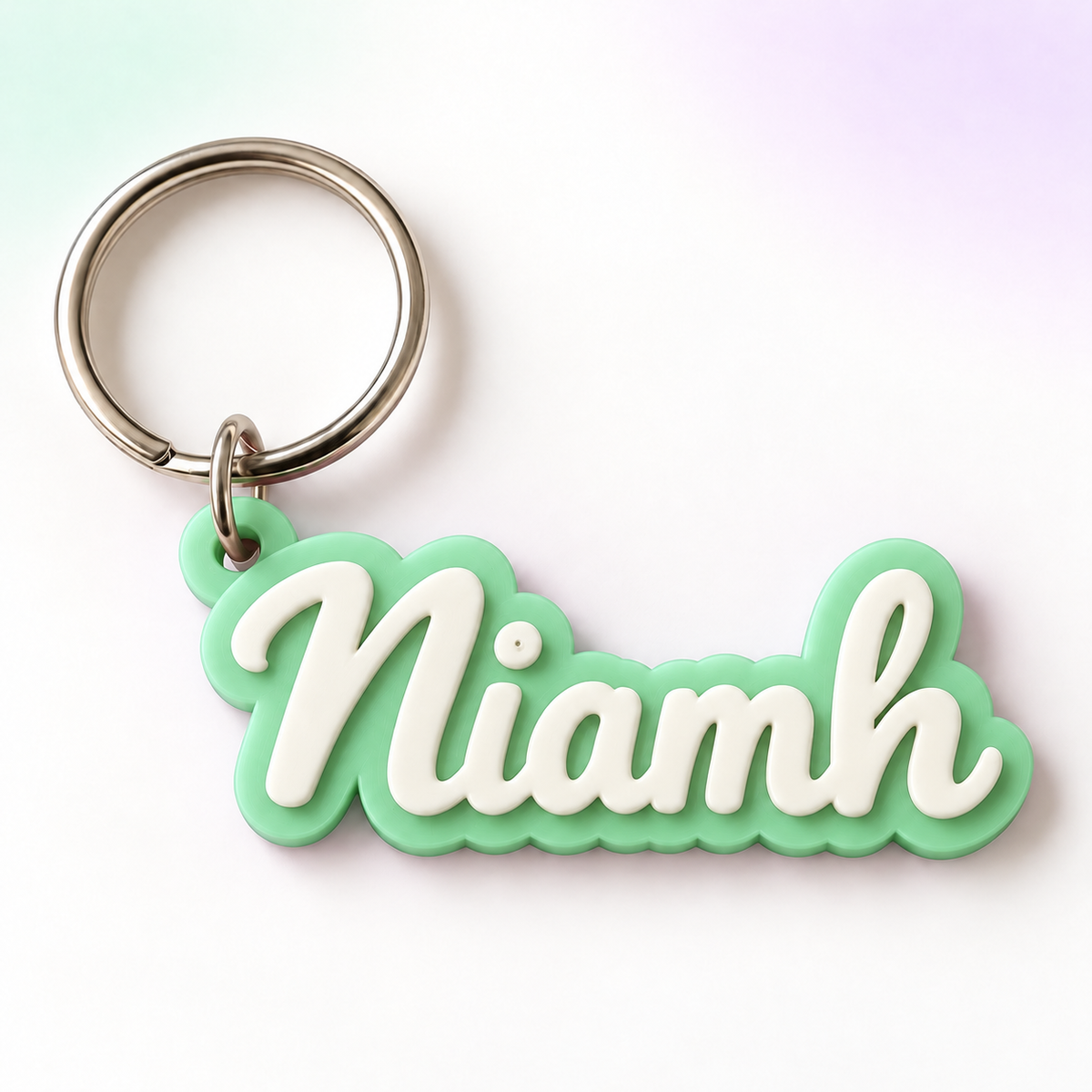 Personalised Script Name Keyring in Mint Green + White